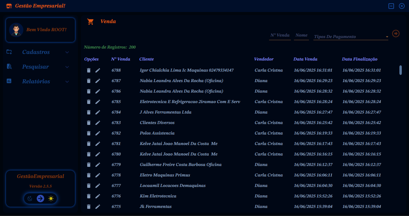 Dashboard do sistema